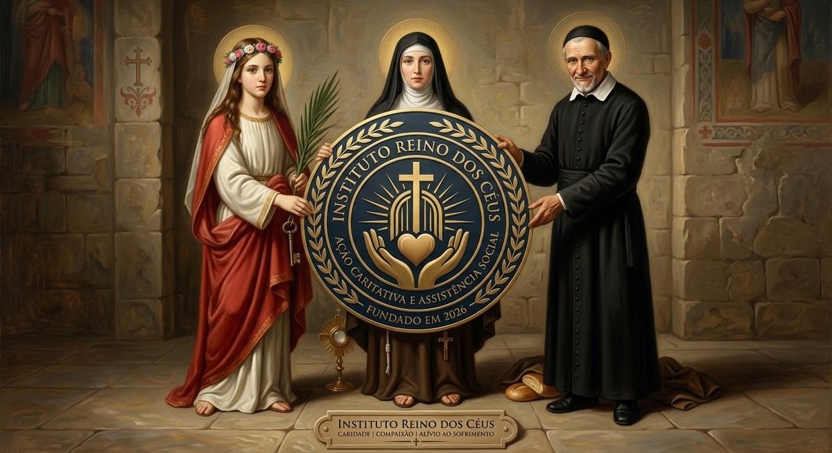 Santa Filomena, Santa Clara de Assis e São Vicente de Paulo com o selo do Instituto Reino dos Céus
